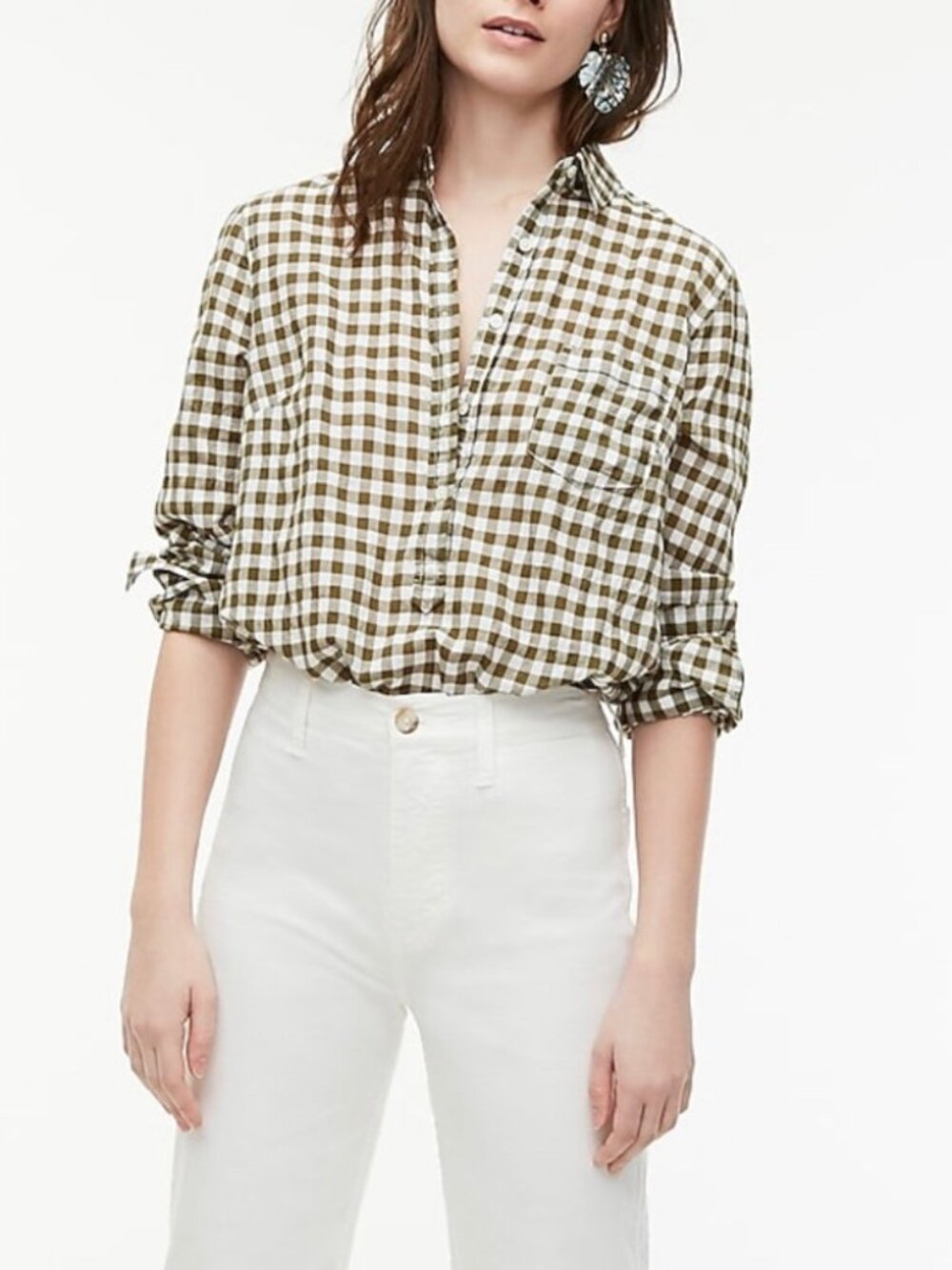 J. Crew Classic Popover Shirt in Crinkle Gingham Olive/White Size Small